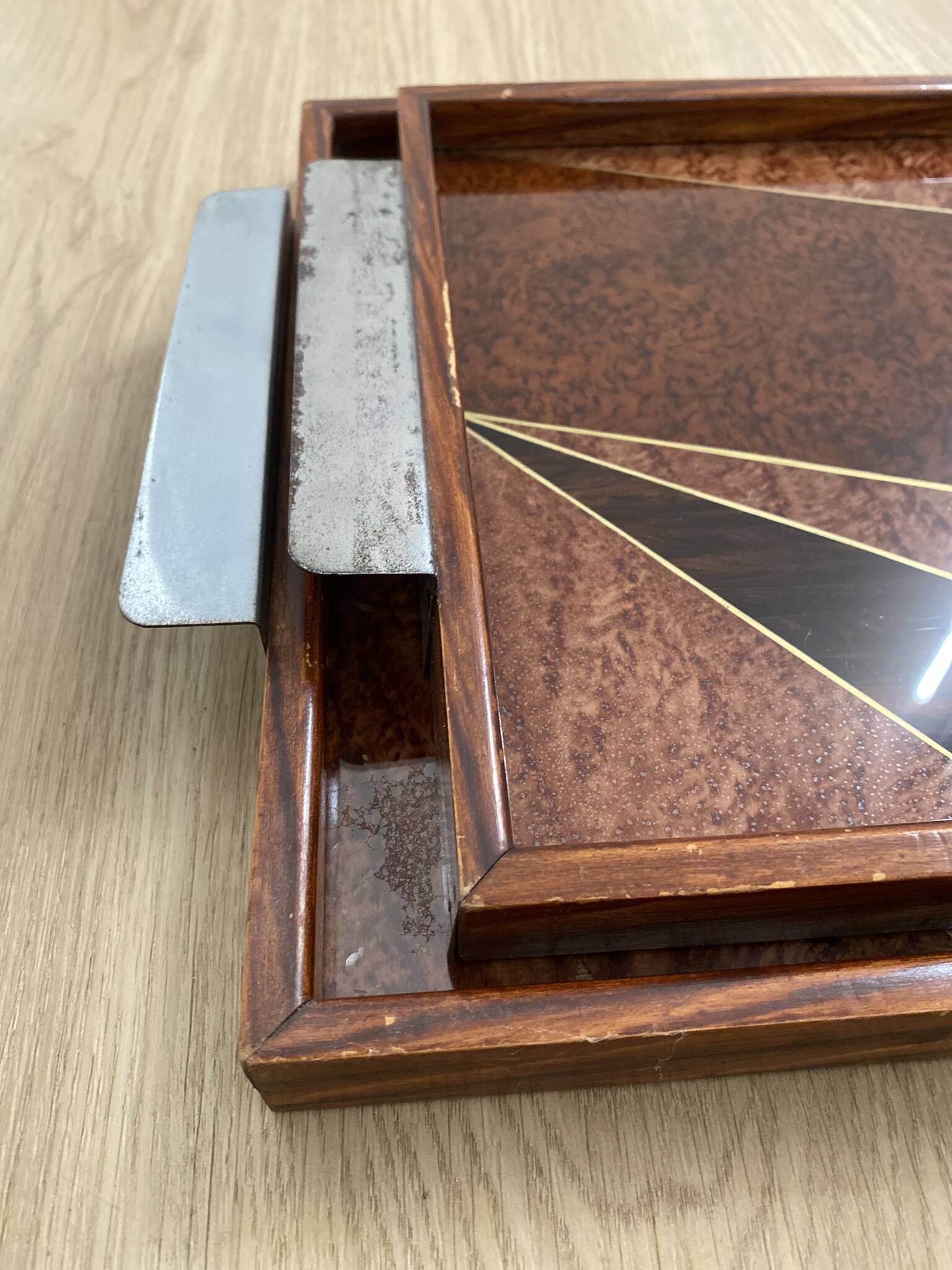 Duo of vintage wooden trays marked art deco