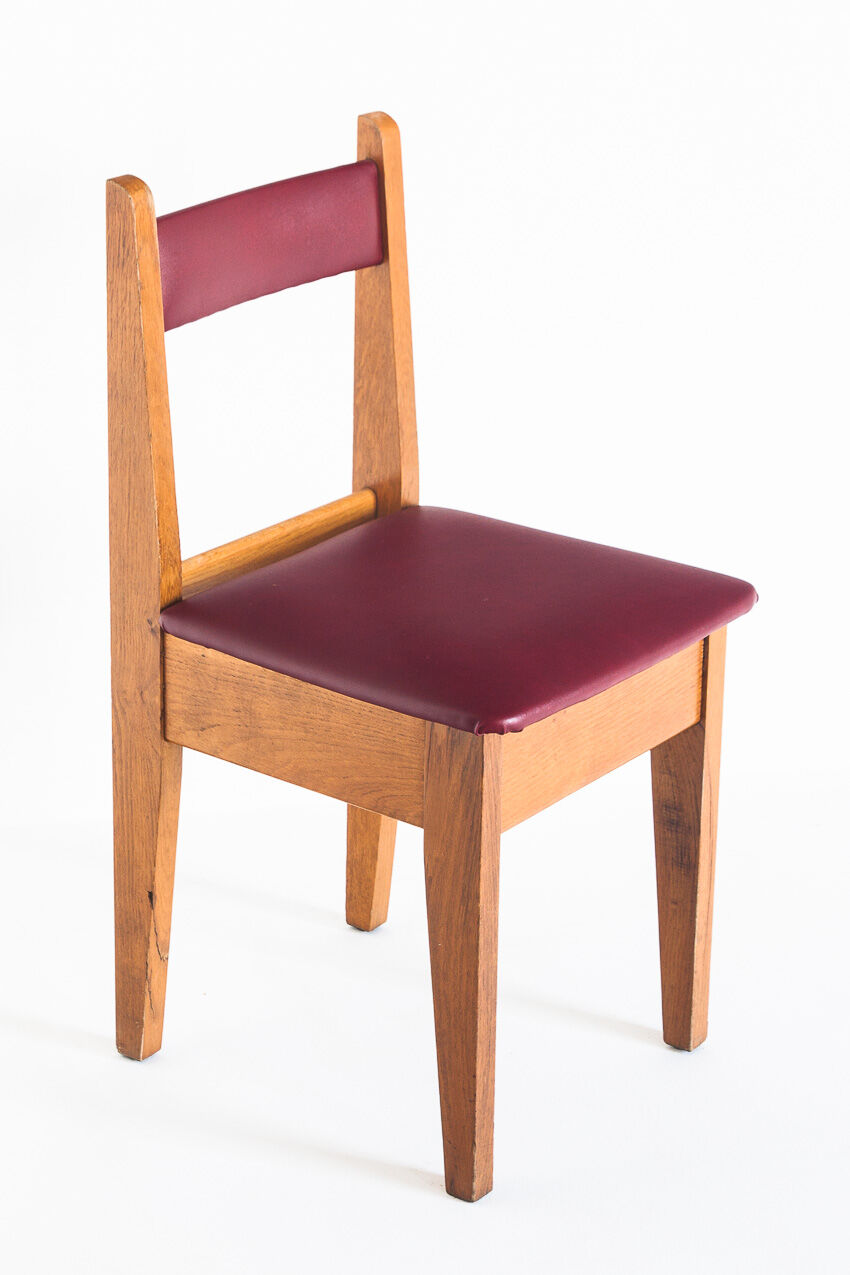Set of 4 vintage oak wood and Eskai chairs, France 1960.