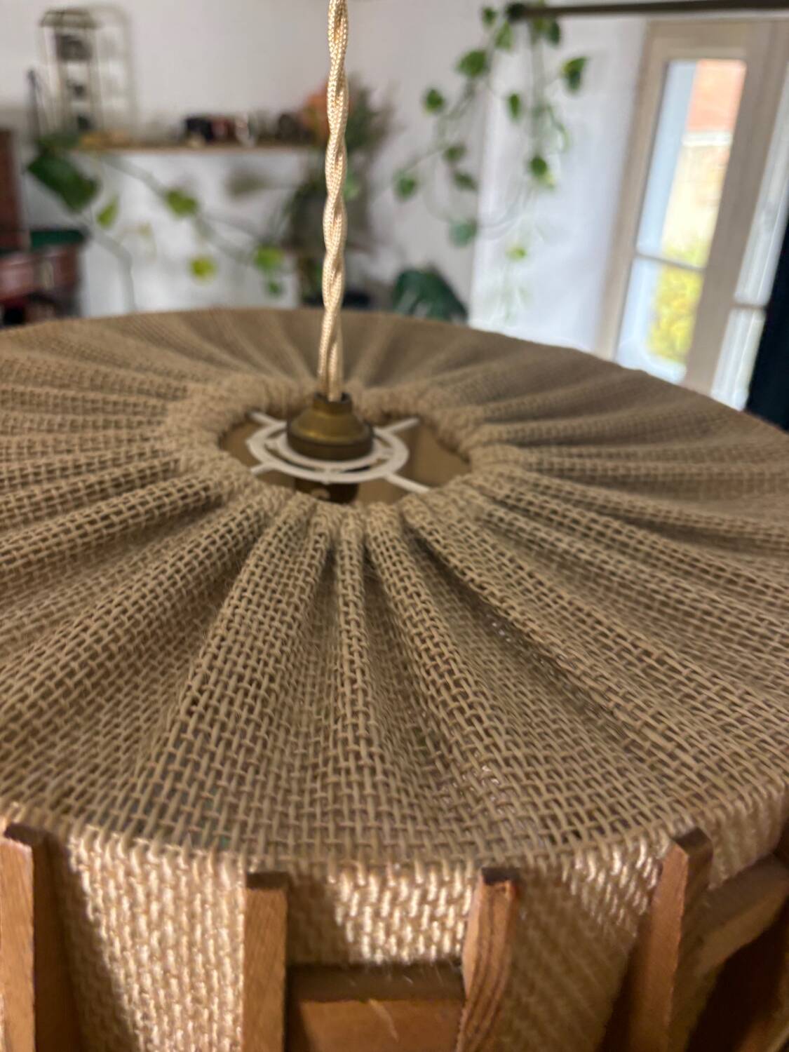 Scandinavian pendant light from the 1960s, made of wood and fabric