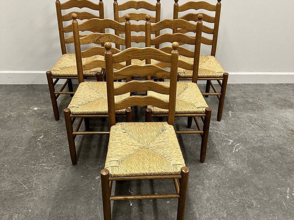 Set of 6 French Provence oak farmhouse country dining chairs with rush seating