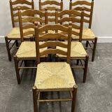 Set of 6 French Provence oak farmhouse country dining chairs with rush seating