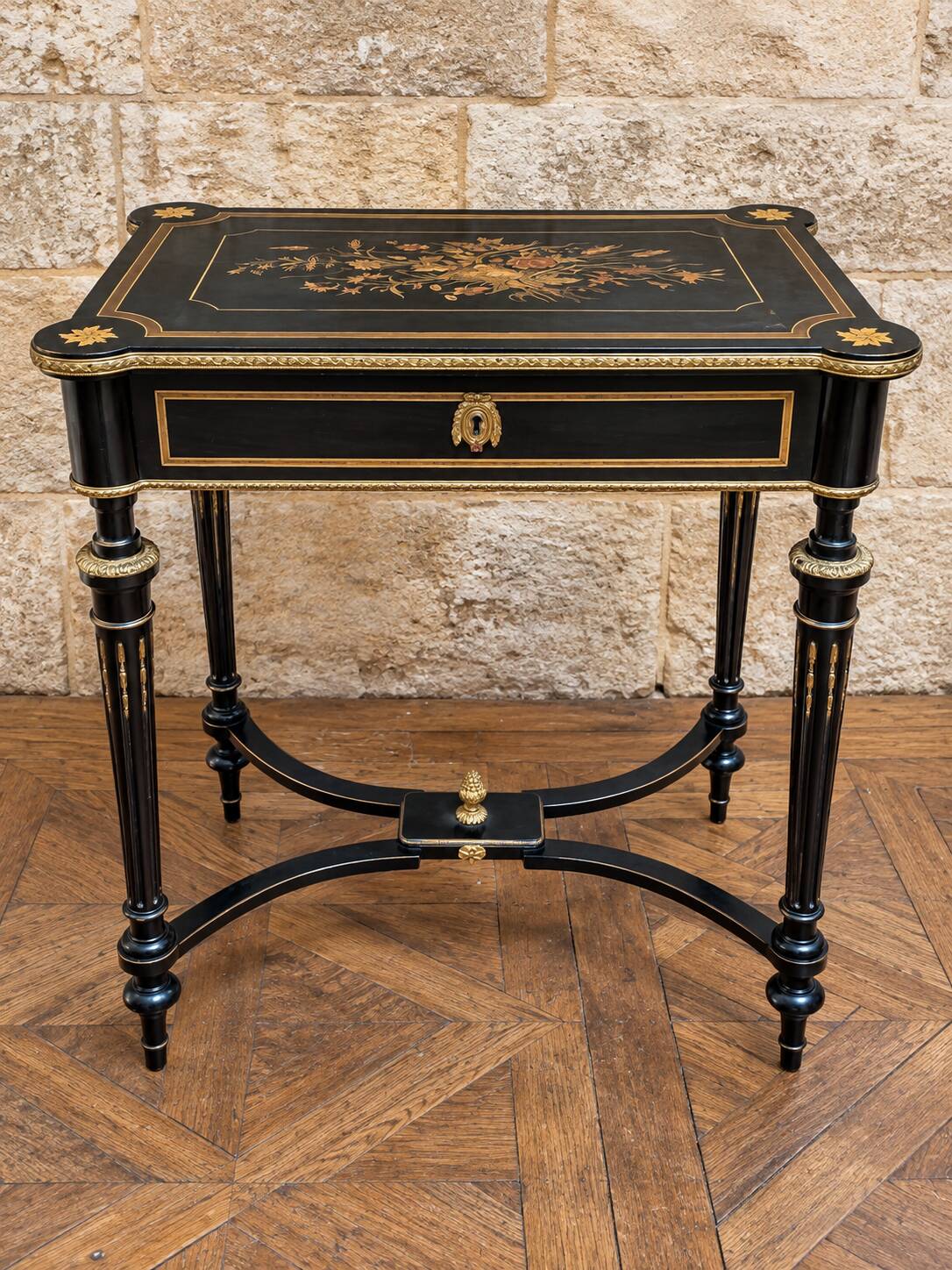 Work table/vanity in blackened wood and marquetry – Napoléon III period