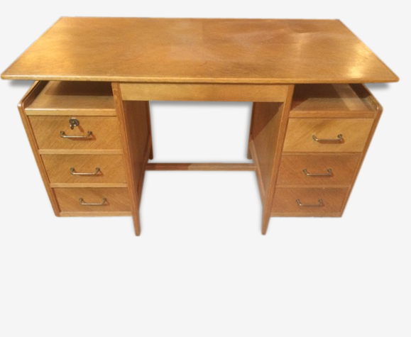 Joli petit bureau 1960 à 6 tiroirs en bois blond | Selency