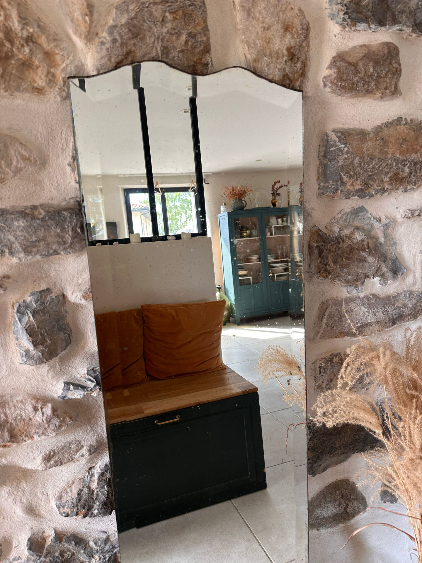 Antique large bevelled standing mirror