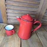Théière tasse en métal émaillé rouge ancienne vintage dp 11210021
