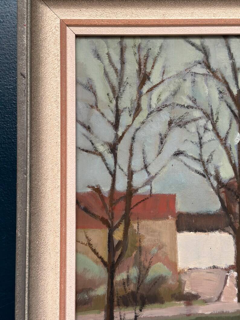 Original Swedish Oil on Canvas - "Landscape with Trees and Buildings" by Ingvar Björk - 1948 - Vintage - Framed - 62 × 48 cm (24.4" × 18.9")