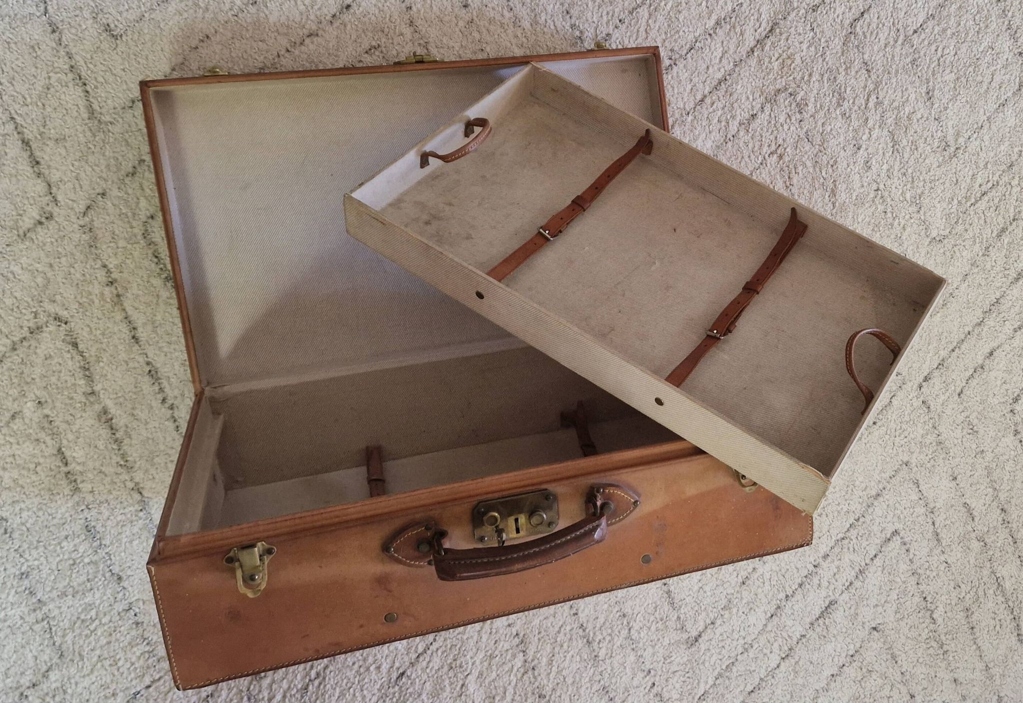 Antique leather and brass trunk/suitcase, high-end luggage circa 1930