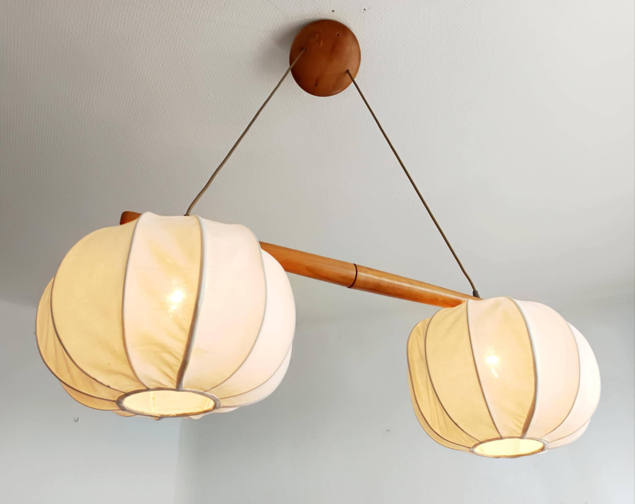 Vintage Scandinavian pendant light, wood and fabric