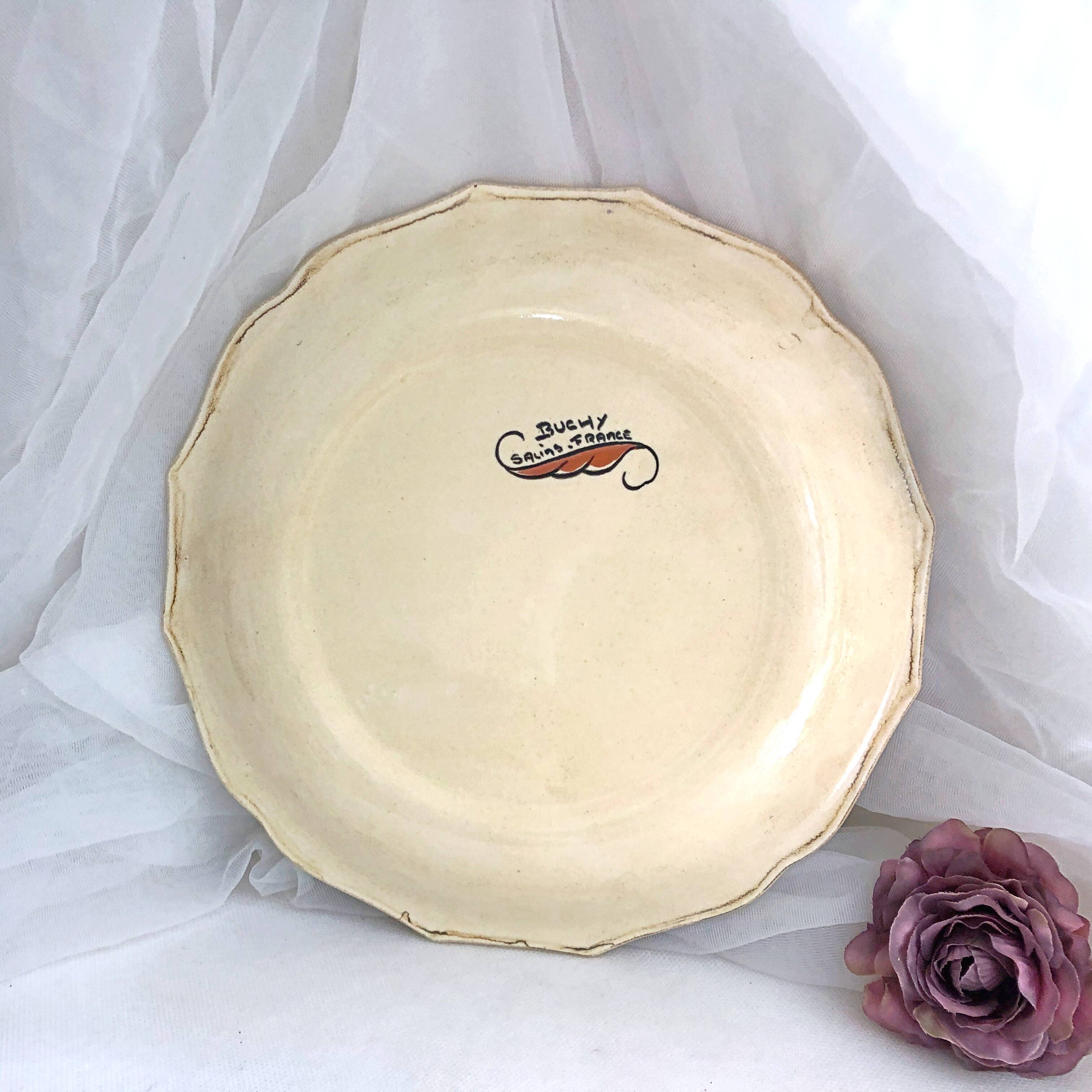 Decorative earthenware plate from Salins France, Buchy decor 25.5 cm