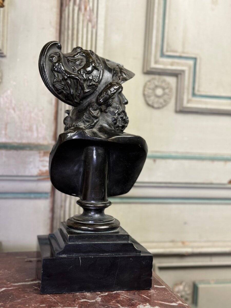 Bust of Ajax, bronze with black patina on a black Belgian marble base, 19th century.