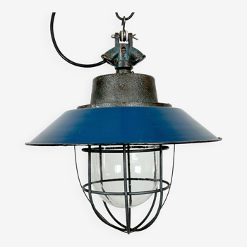 Blue Enamel and Cast Iron Industrial Cage Pendant Light, 1960s
