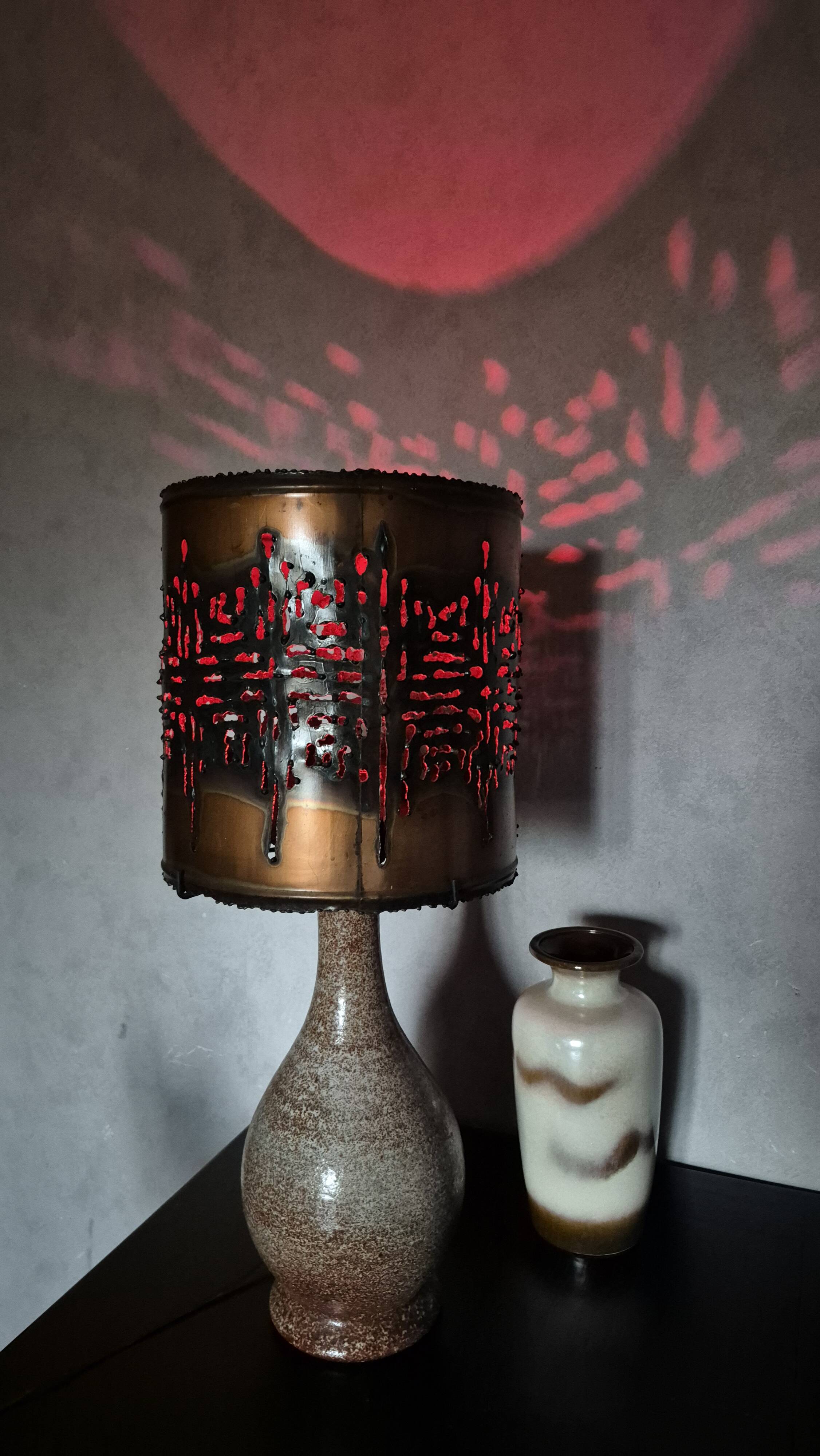 Large vintage Accolay lamp with flamed ceramic and metal shade.