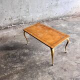 Mid-century wooden coffee table with golden metal legs and black-lined tabletop, 1950s