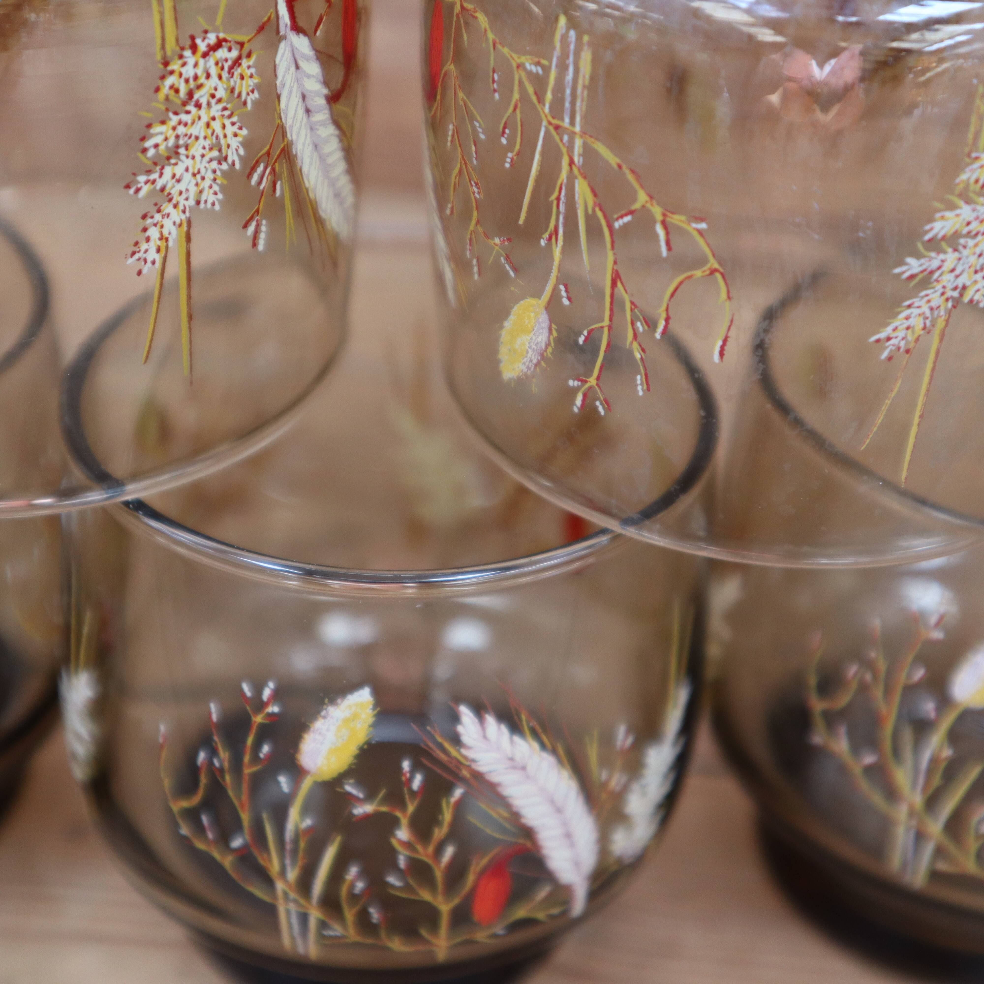 Set of 6 smoked glasses with Arcoroc ear of wheat decoration