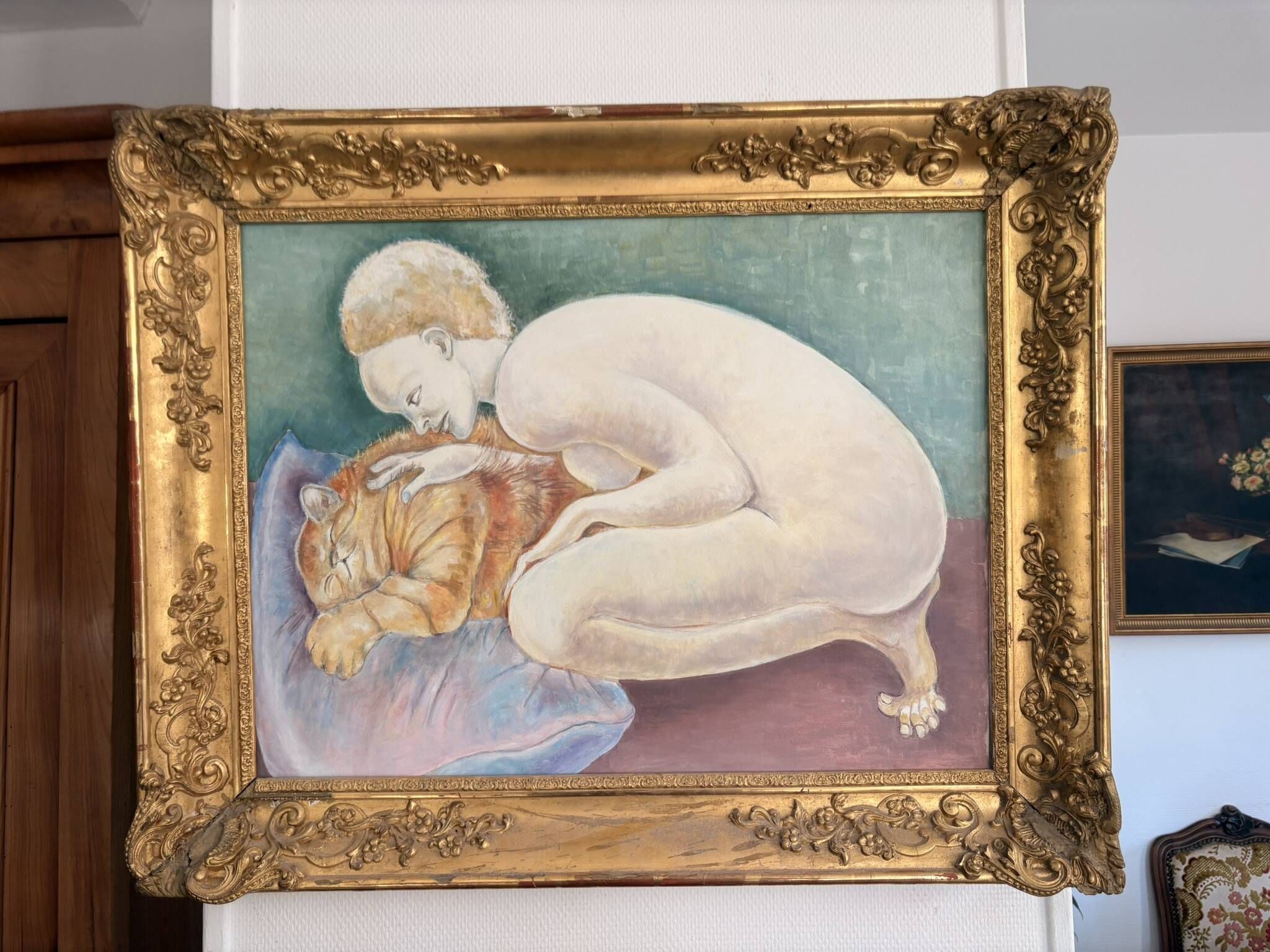 Oil Painting Canvas Psyche Woman Nude with Cat After Leonor Fini