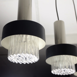 Mid century modern 3-light pendant lamp glass and chrome and black metal 1960s