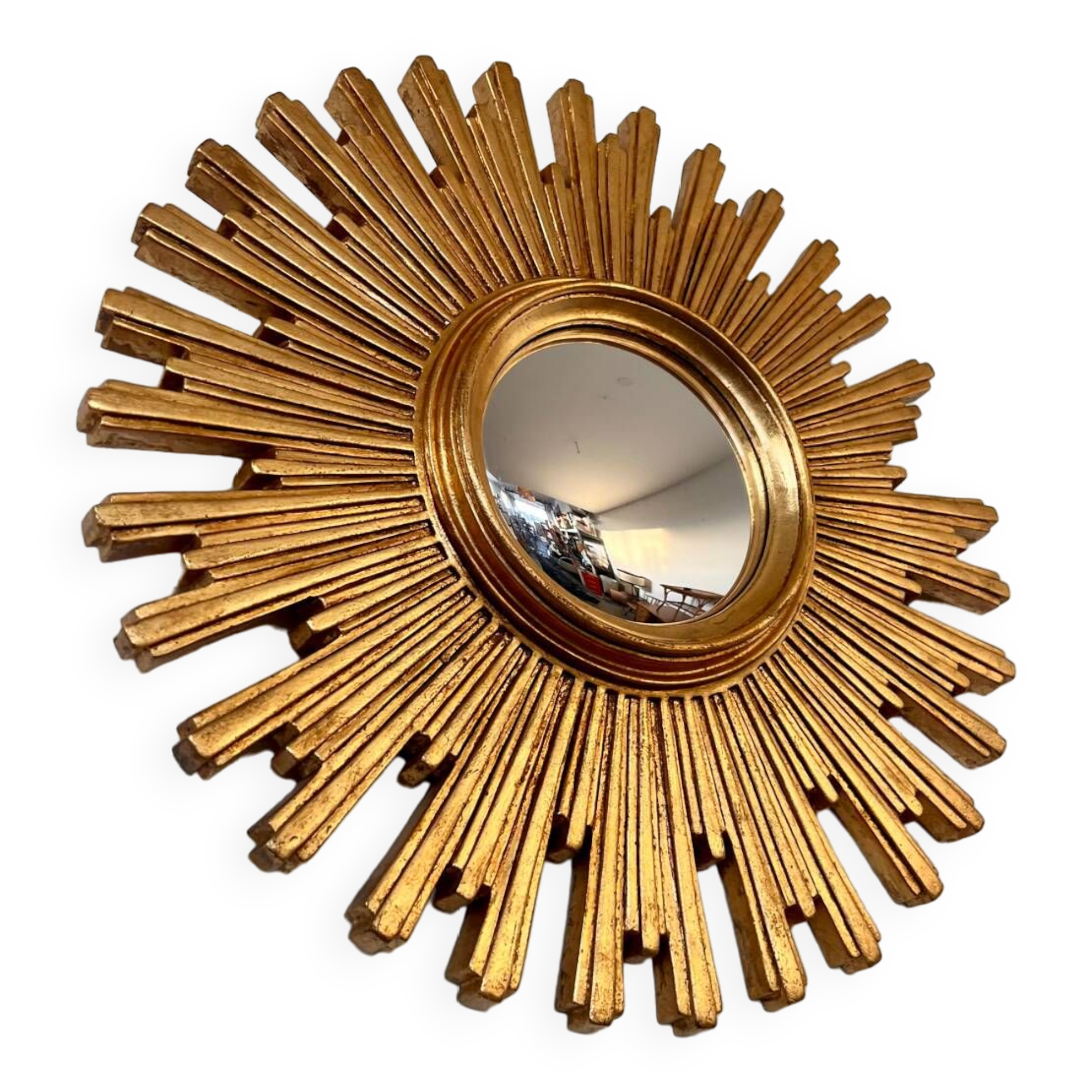 Old large golden sun mirror with rounded witch's eye in vintage resin from the 70s