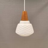 Lamp in white glass with teak top. It is Danish and estimated from the 1970s-1980s.