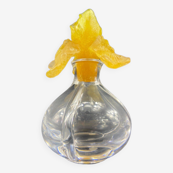 Crystal and glass paste bottle with yellow iris signed DAUM