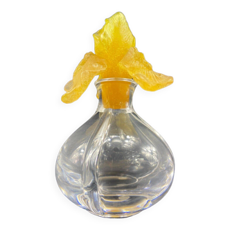 Crystal and glass paste bottle with yellow iris signed DAUM