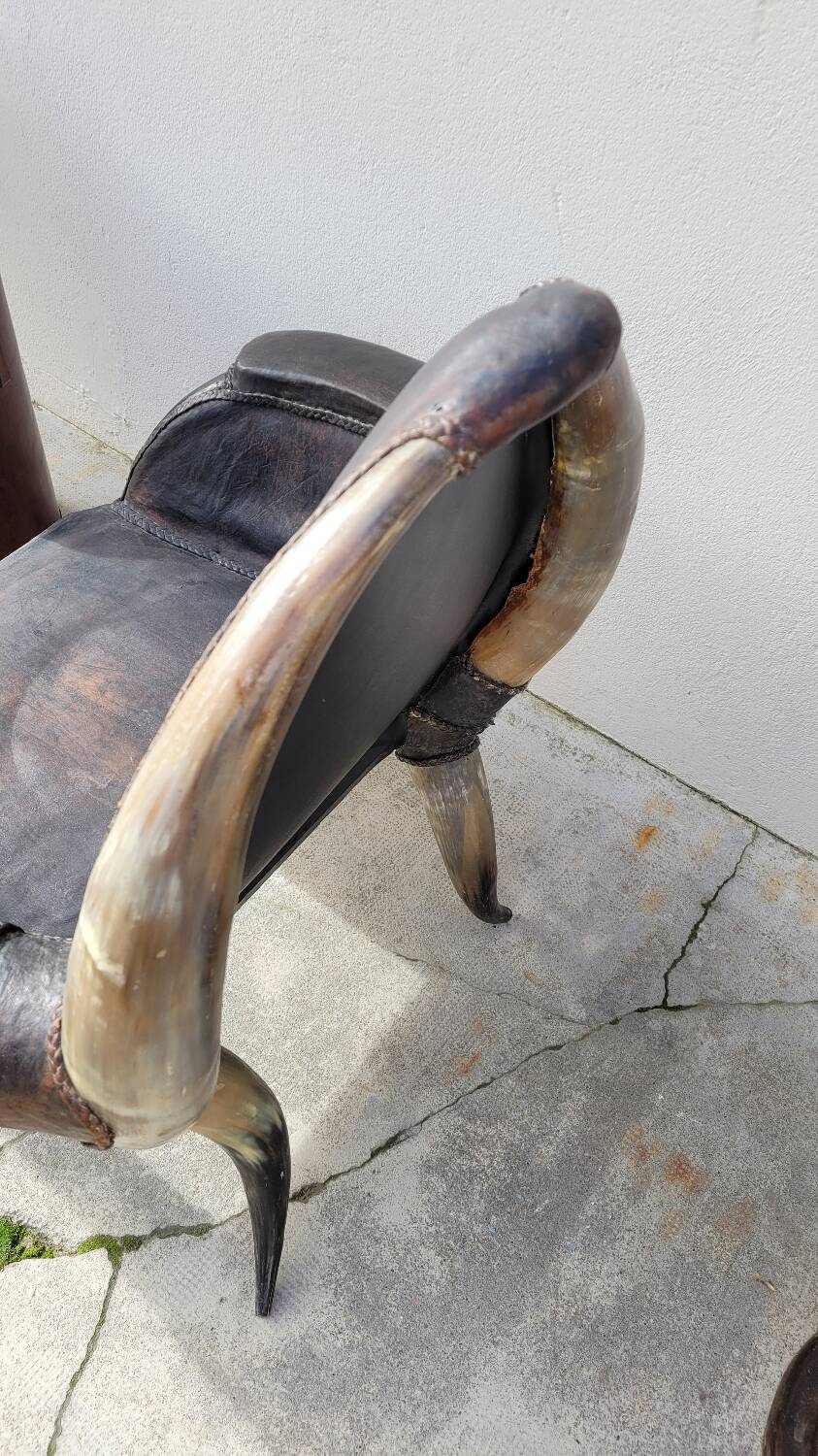 Fauteuil en corne et cuir ancien - 1950s