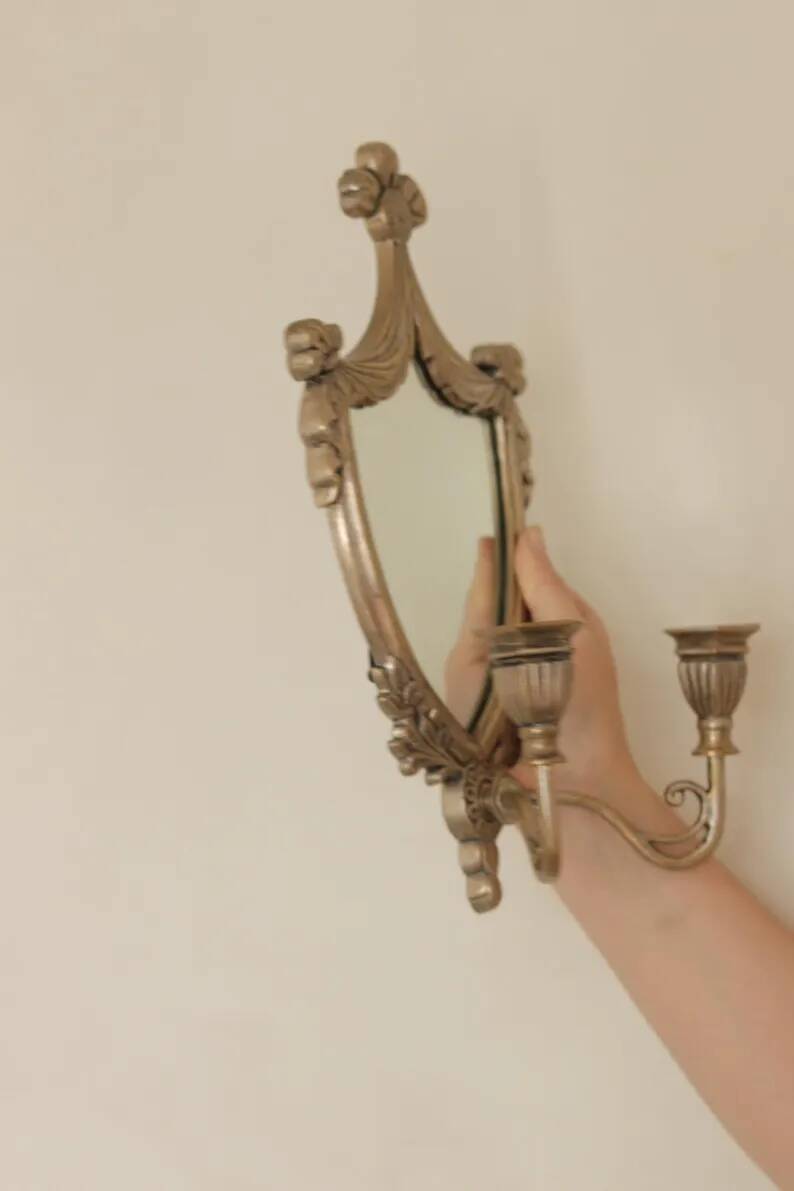 Pair of Vintage Double Arm Italian Brass Sconces with Mirror