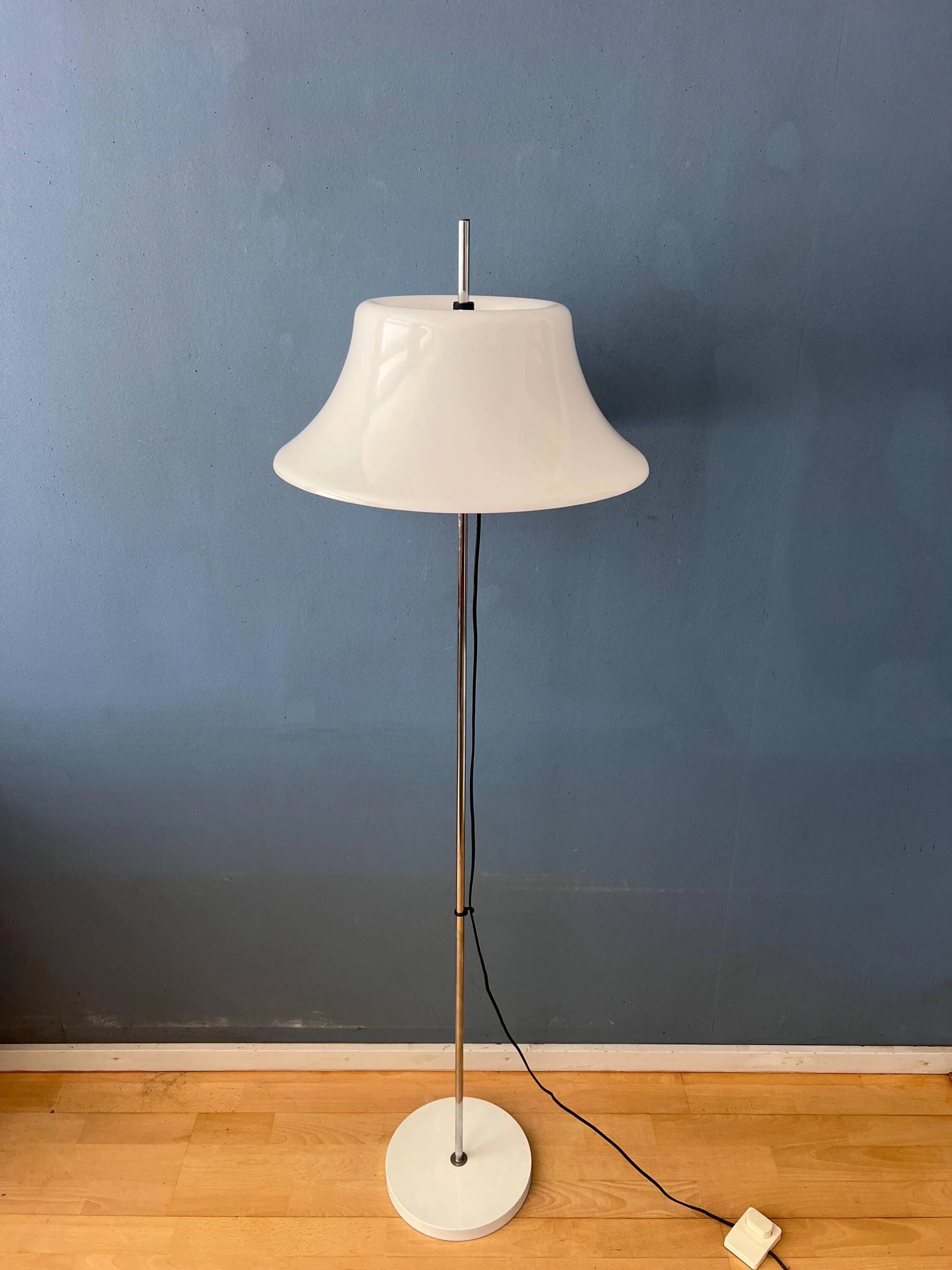 Vintage Space Age floor lamp with white plexiglass UFO shade.