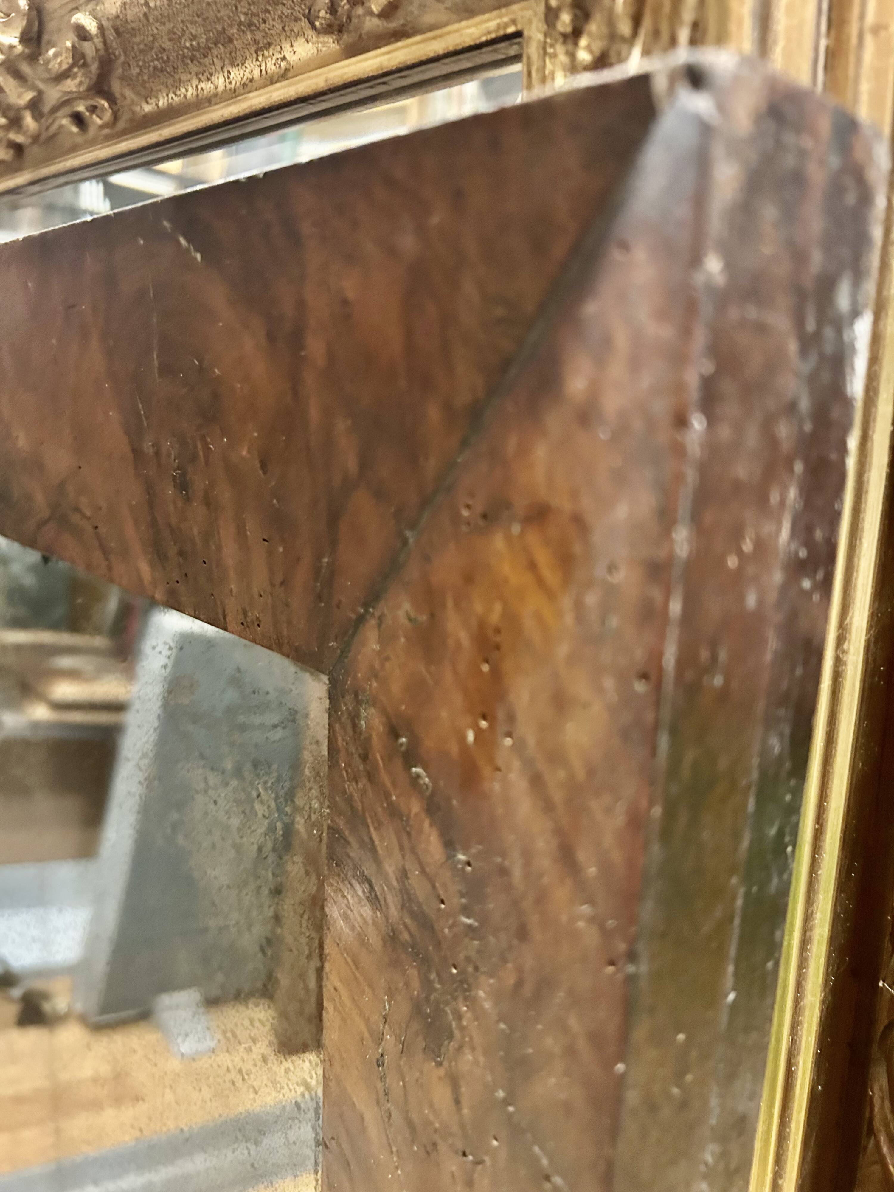 Antique mirror with elm burl molding, heavily demercurized, in its current condition