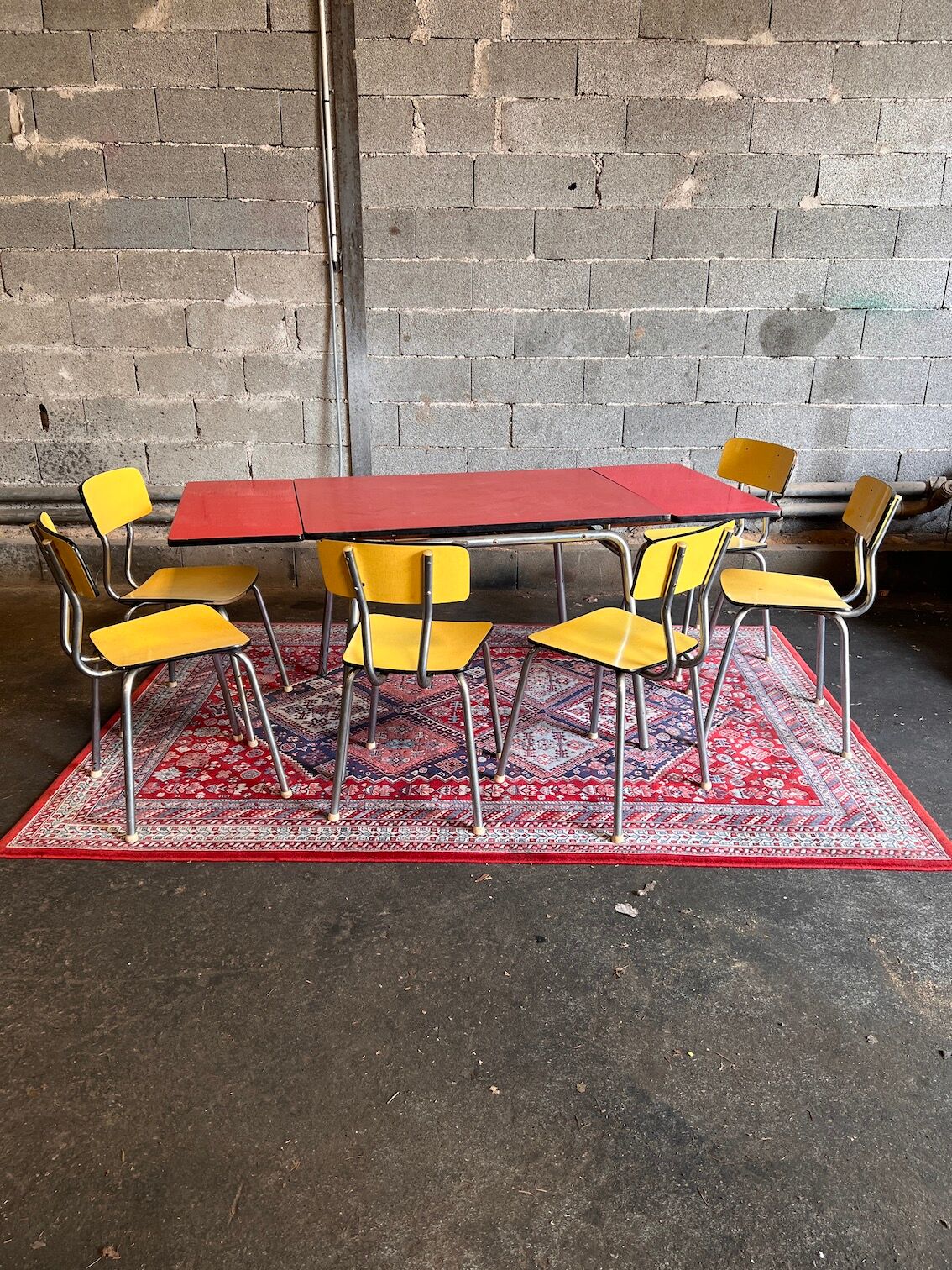 Red table set and 6 vintage yellow formica chairs