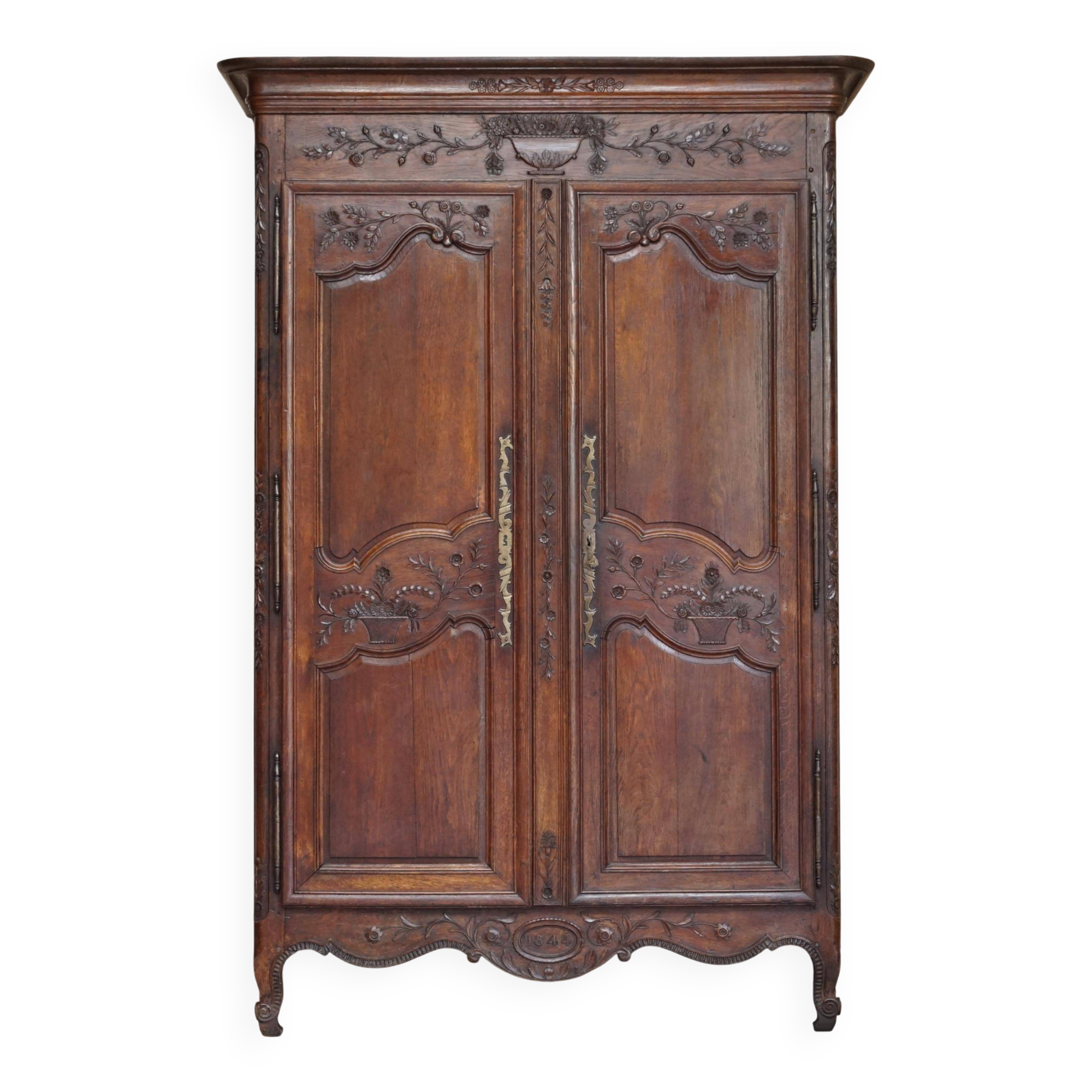 Antique Carved Wardrobe Dated 1844 with Shaped Panels