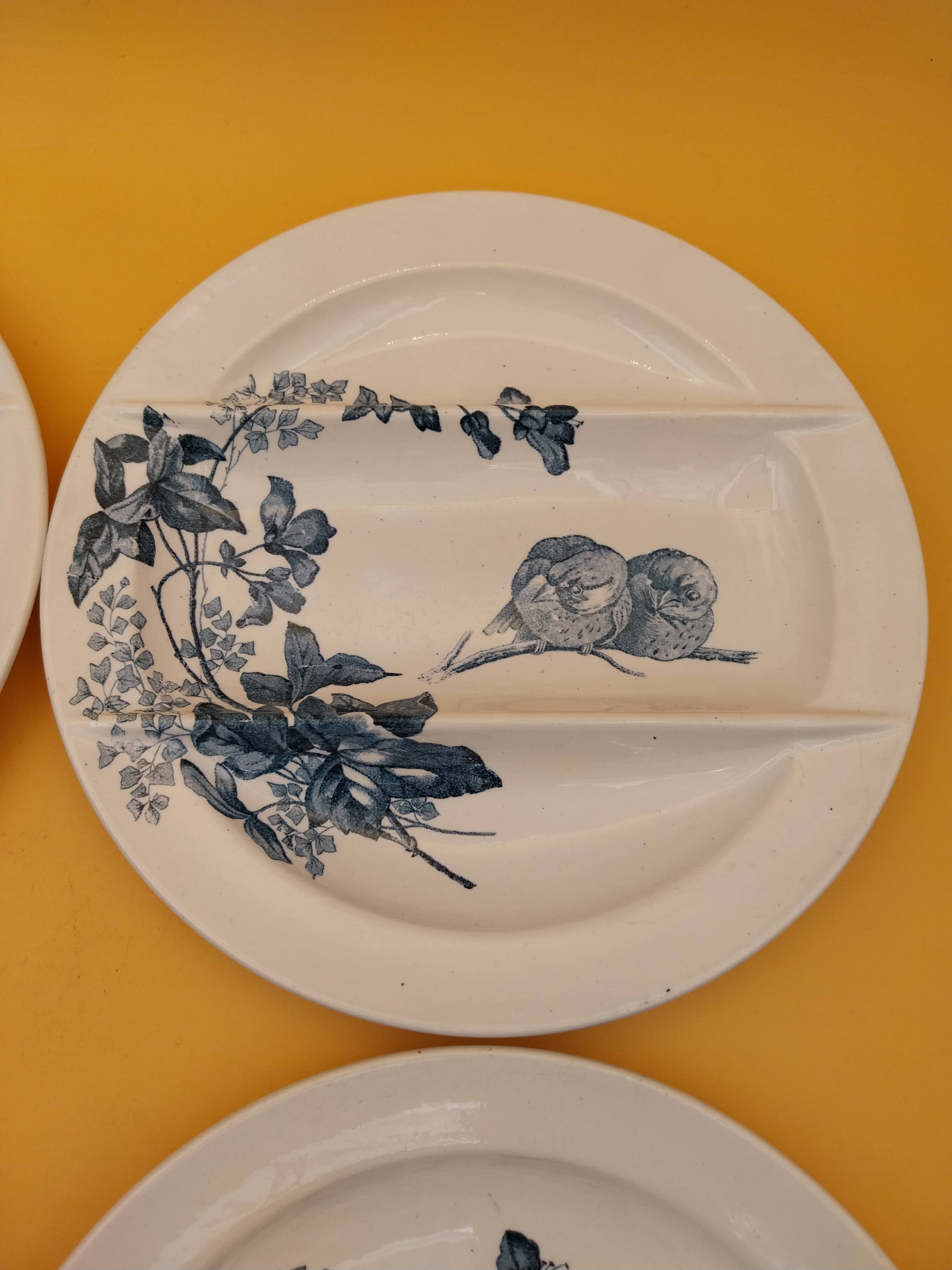 4 asparagus plates Longwy model Birds flowers blue decoration