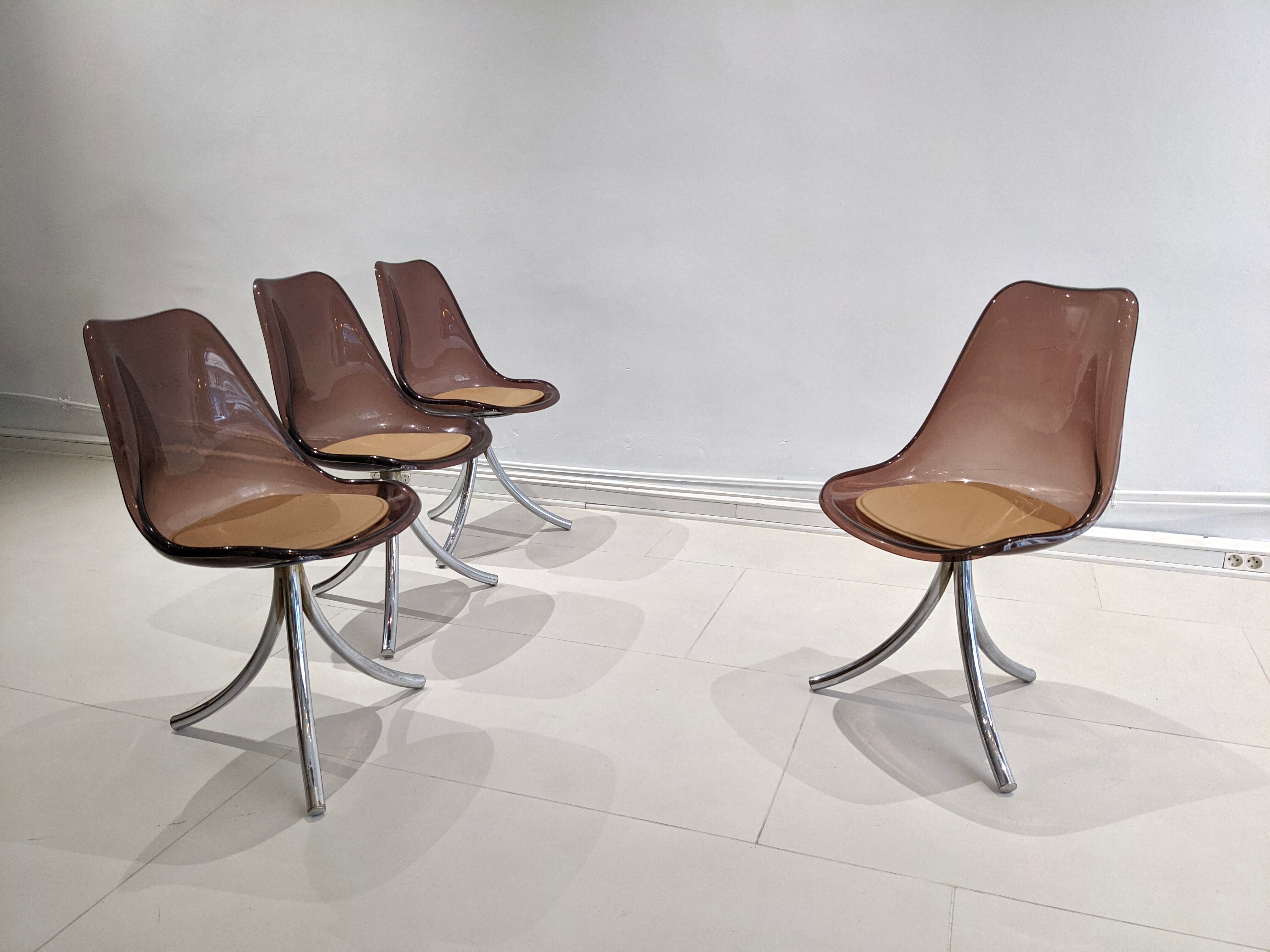 Lot of 4 chairs smoked plexiglass 1970