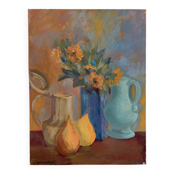 Nature morte aux poires, huile sur toile signée Marina Gawlet