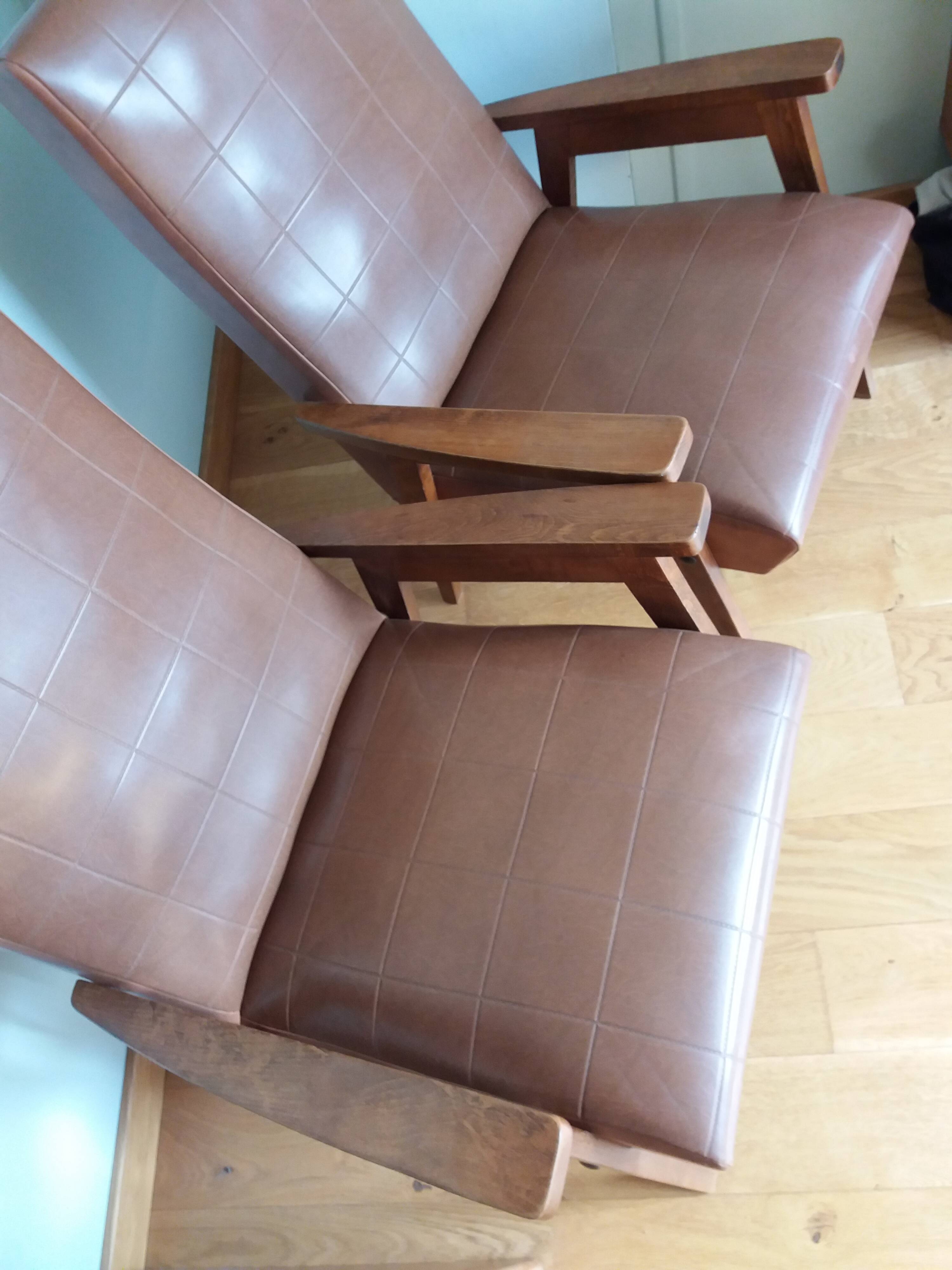 Scandinavian vintage brown skai and wood armchairs