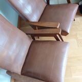 Scandinavian vintage brown skai and wood armchairs