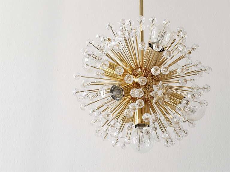 Two golden Sputnik ball chandeliers by Emil Stejnar, Austria, 1970s.