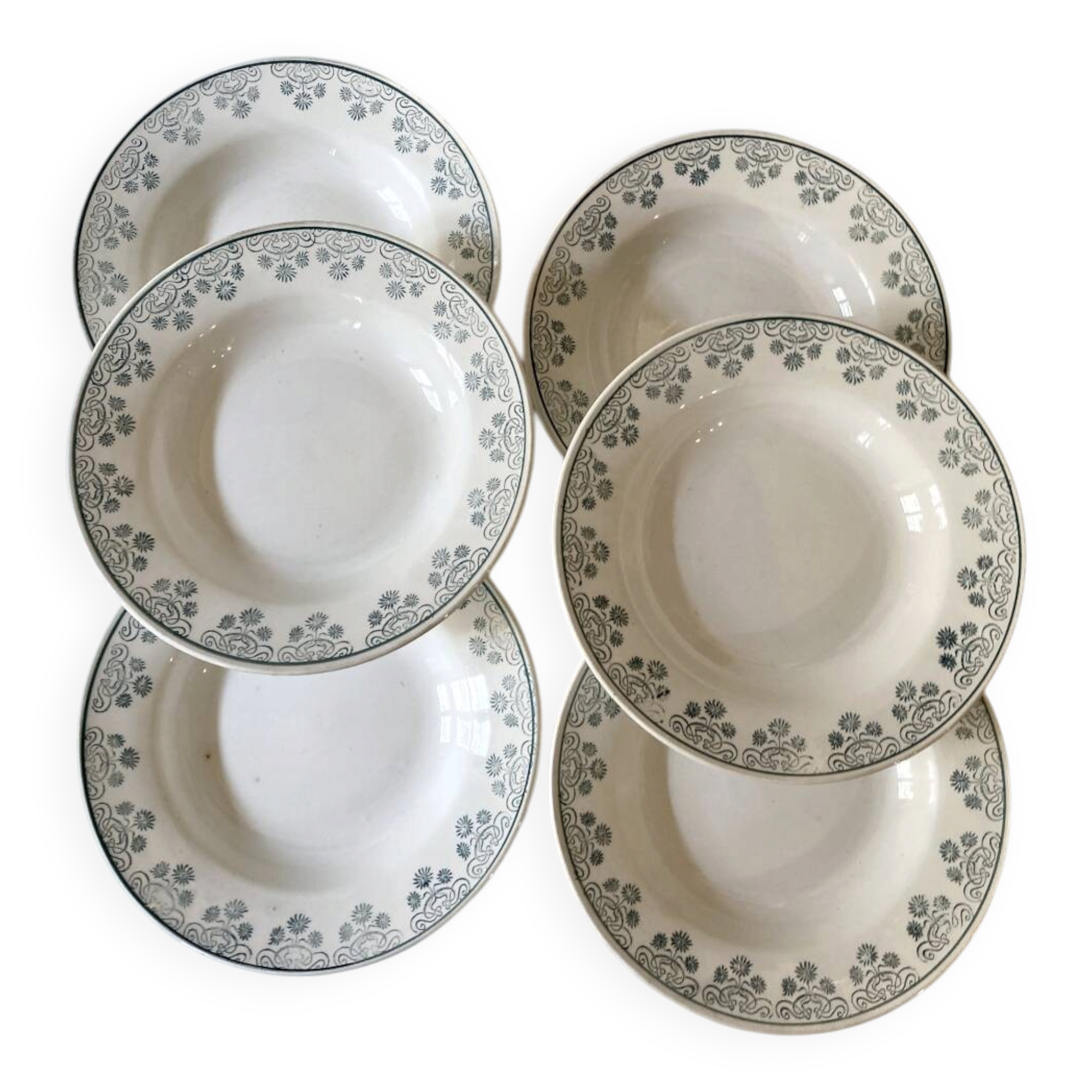 6 deep plates Digoin & Sarreguemines, emerald green floral decoration