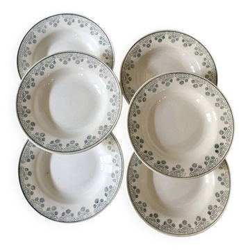 6 deep plates Digoin & Sarreguemines, emerald green floral decoration