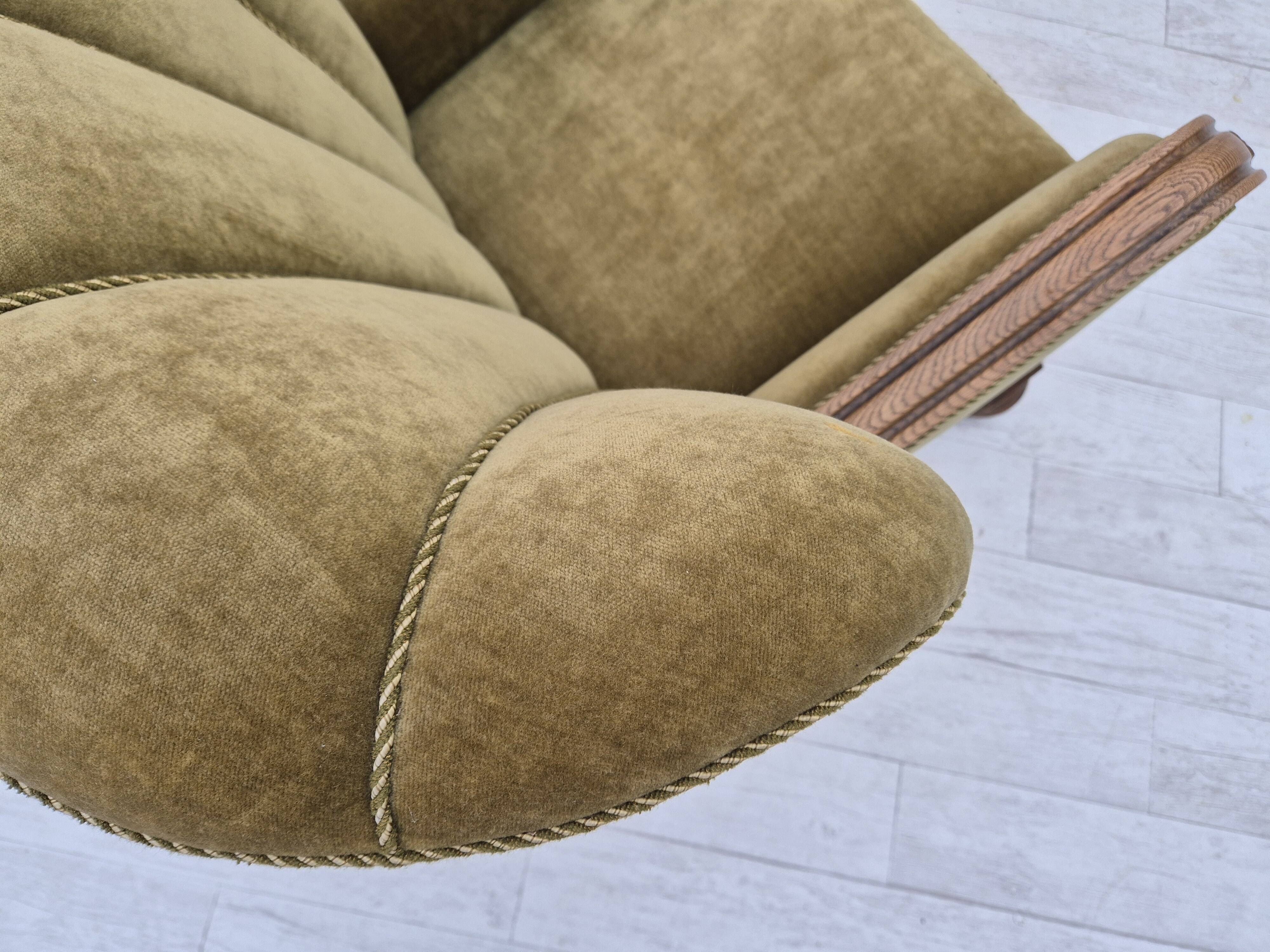 1960s, Danish relax armchair, green furniture velour fabric, oak wood.