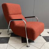 Red Brown fabric relax chair in Chrome frame 1970s
