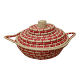 Red and beige woven basket with lid