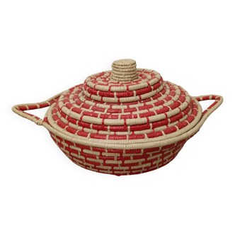 Red and beige woven basket with lid