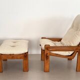 Salon de campagne italien en chêne avec nouveau revêtement en tissu bouclé, années 1970