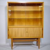 Elm wood highboard with display cabinet, 1960s