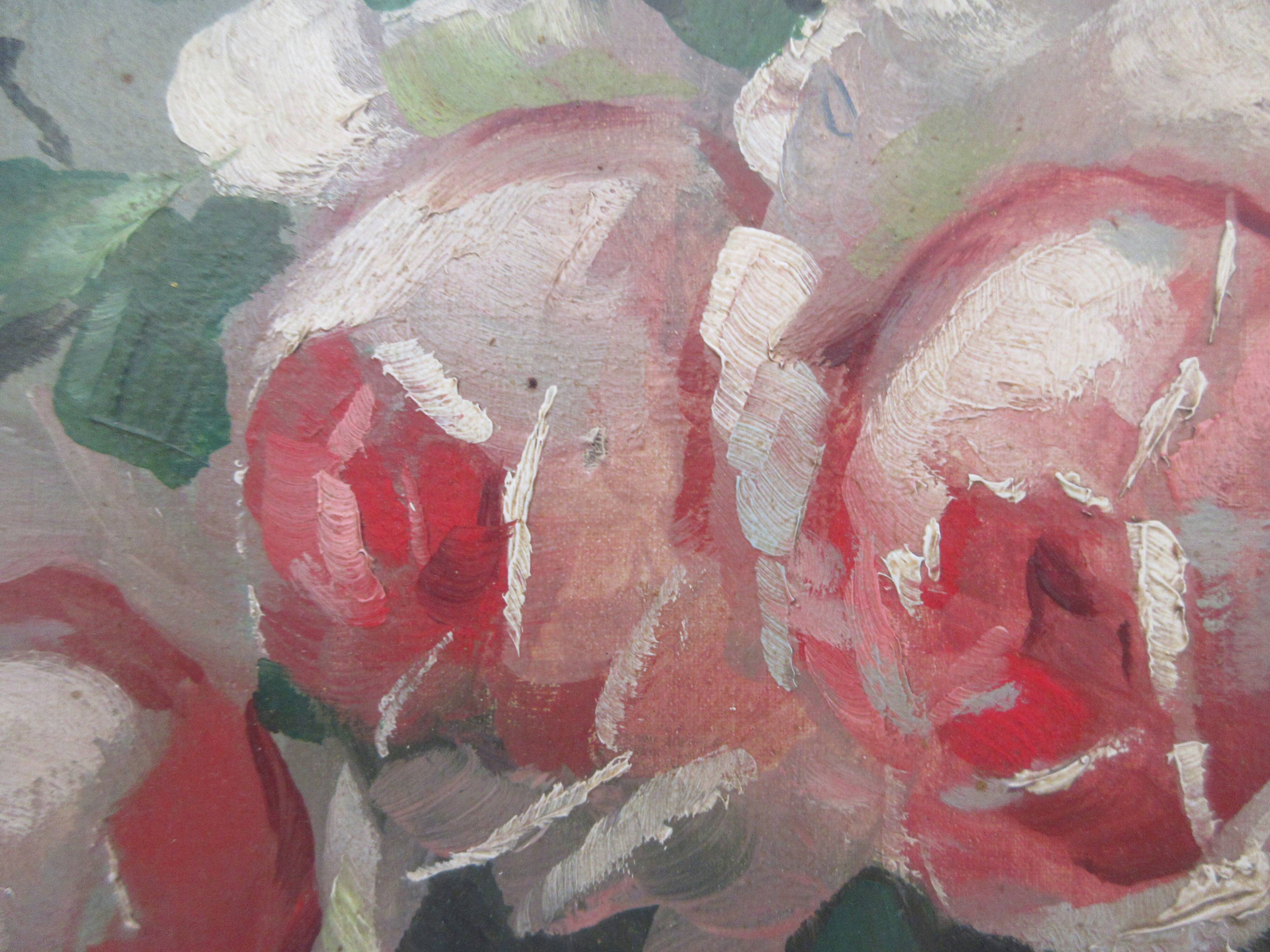 Tableau Panier de roses 1950 signé