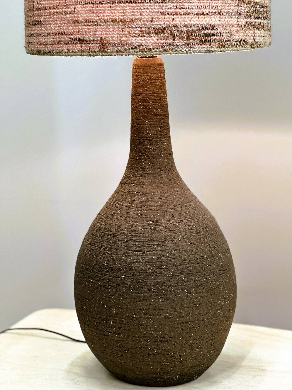 Vintage XL ceramic floor lamp with textured wool shade, 1970s. France