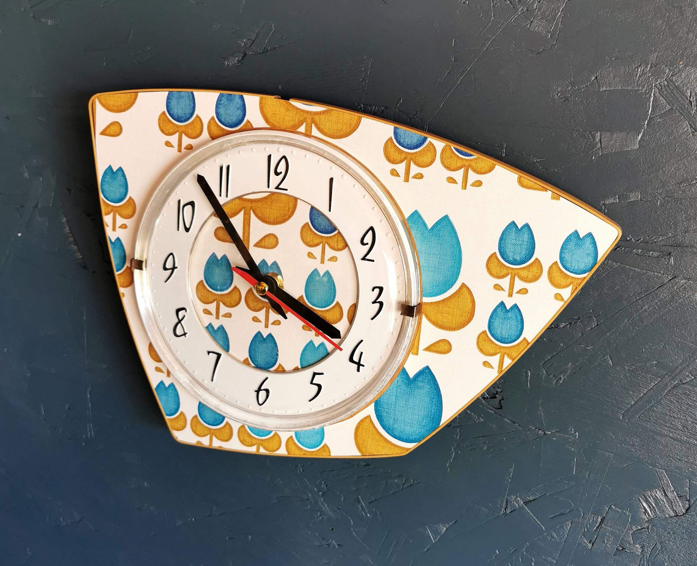 Vintage formica clock silent asymmetrical wall pendulum "Blue flowers"