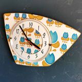 Vintage formica clock silent asymmetrical wall pendulum "Blue flowers"