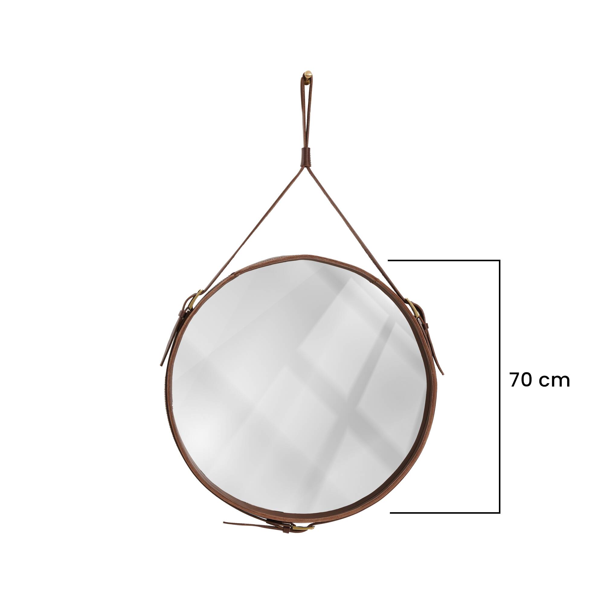 Handmade J. Adnet style mirror in brown vegetable-tanned leather, ø 45 cm