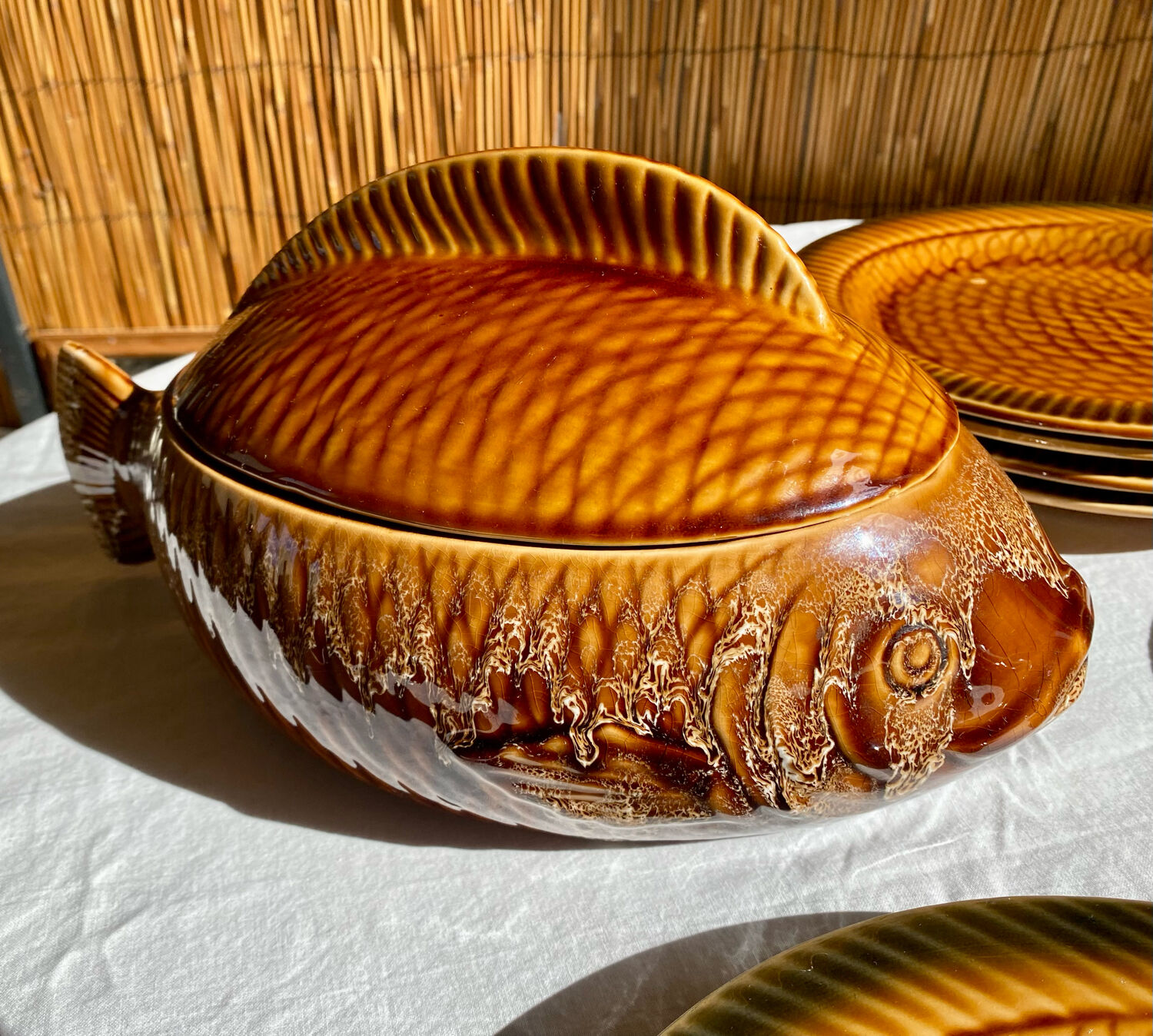 Fish service 8 plates and ceramic soup slurry Sarreguemines vintage 60